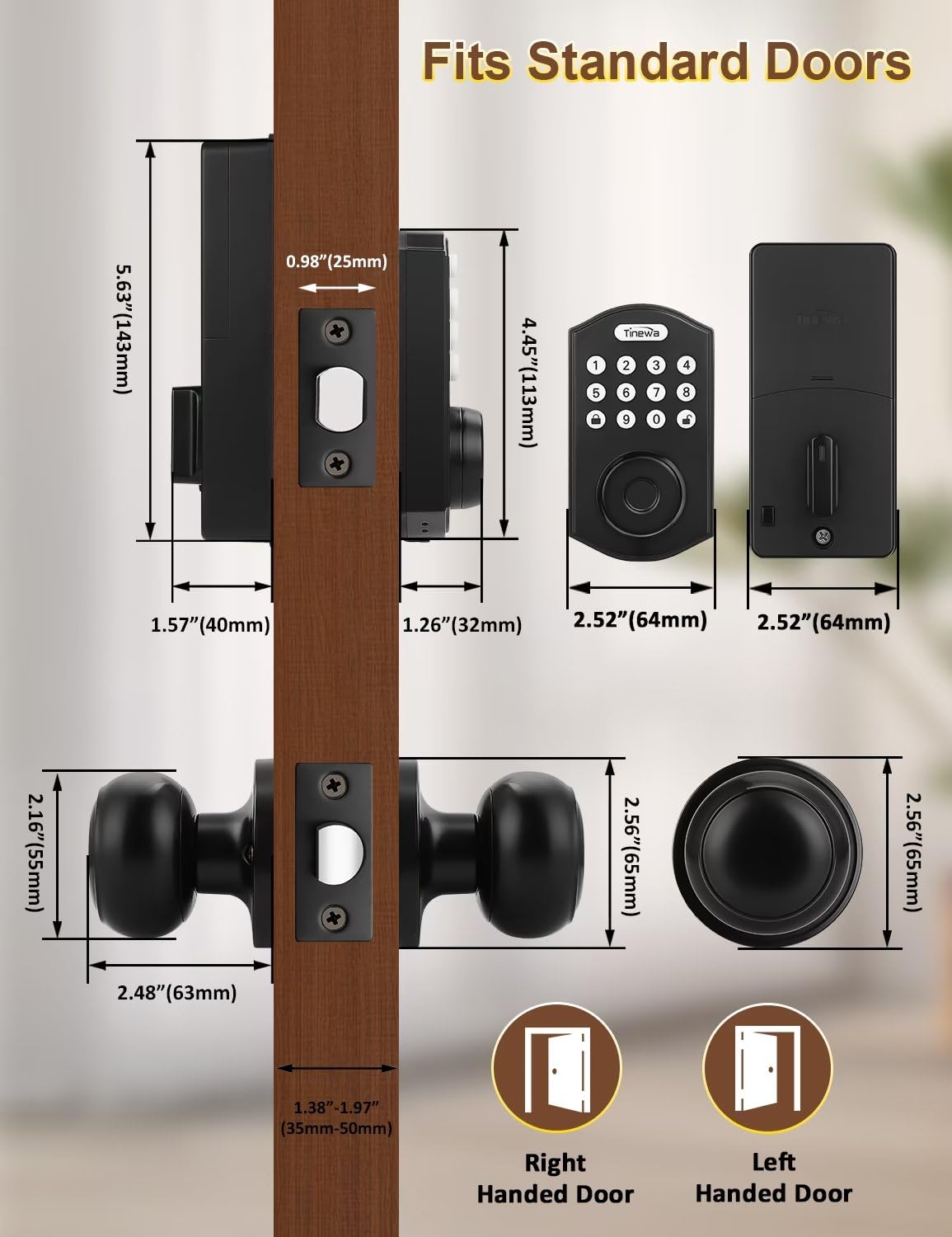 Tinewa Smart Locks for Front Door -Black Keyless Entry Door Lock Deadbolt with Flat Ball Door Knobs, Electronic Digital Keypad Deadbolt with Fingerprint, APP Control, Easy Installation