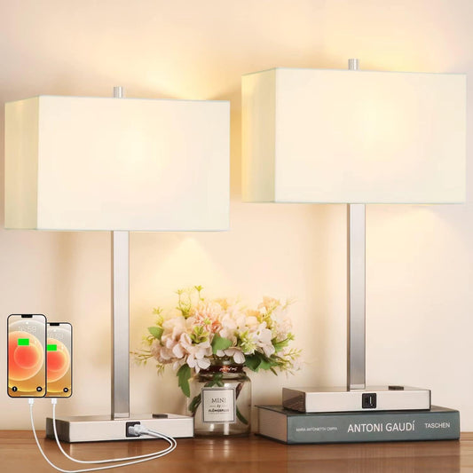 21" Touch Bedside lamps with 2 USB & AC Outlets, 3-Way Dimmable Bedside Table Lamps Set of 2 for Bedroom Living Room Office Reading, White Shade Lamps for Night Stands, 3000K LED Bulbs Included