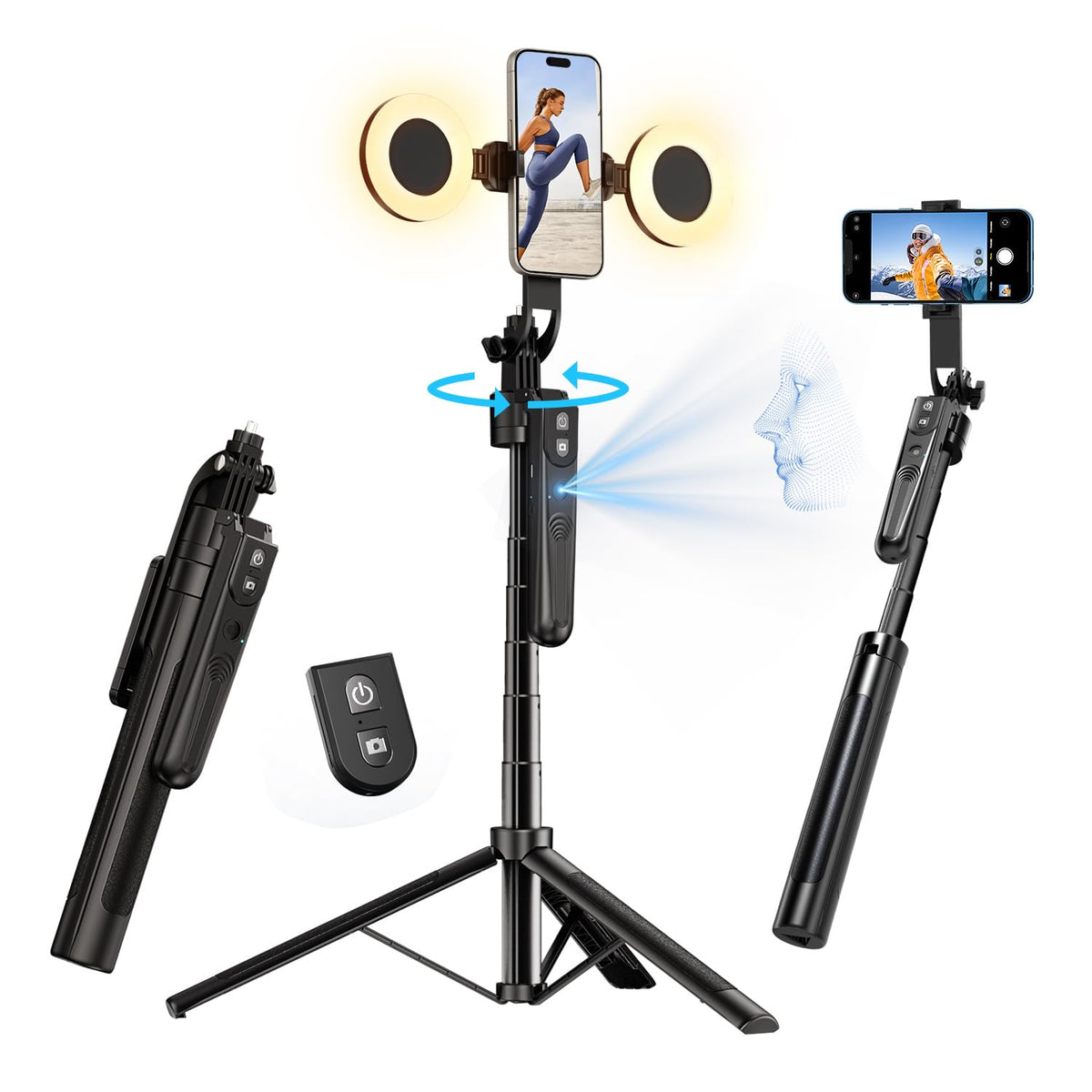 yAyusi 70.9" Auto Face Tracking Selfie Stick Tripod for iPhone with Light, No App, 360° Rotation Tripod that Follows Your Movement with Remote Control for Vlog/Live Stream/Video Recording