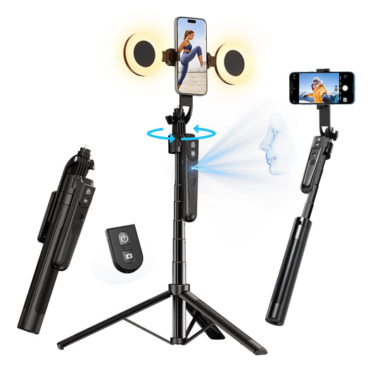yAyusi 70.9" Auto Face Tracking Selfie Stick Tripod for iPhone with Light, No App, 360° Rotation Tripod that Follows Your Movement with Remote Control for Vlog/Live Stream/Video Recording