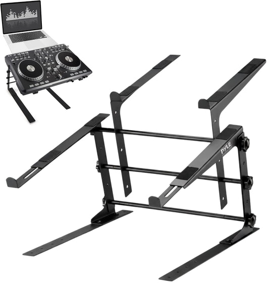 Pyle Portable Dual Laptop Stand - Standing Table with Adjustable Height, Ergonomic Design & Anti-Slip Prongs for DJ Mixer, Sound Equipment, Workstation, Gaming & Home Use - PLPTS38, Black