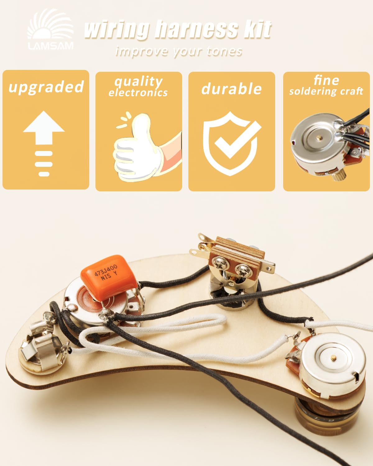 LAMSAM Prewired Wiring Harness Kit for Epiphone SG Special II Style Electric Guitars, Brass Shaft Full Size 500K Potentiometers, Orange Capacitor, 3-Way Toggle Switch, Mono Output Jack (Black/Gold)