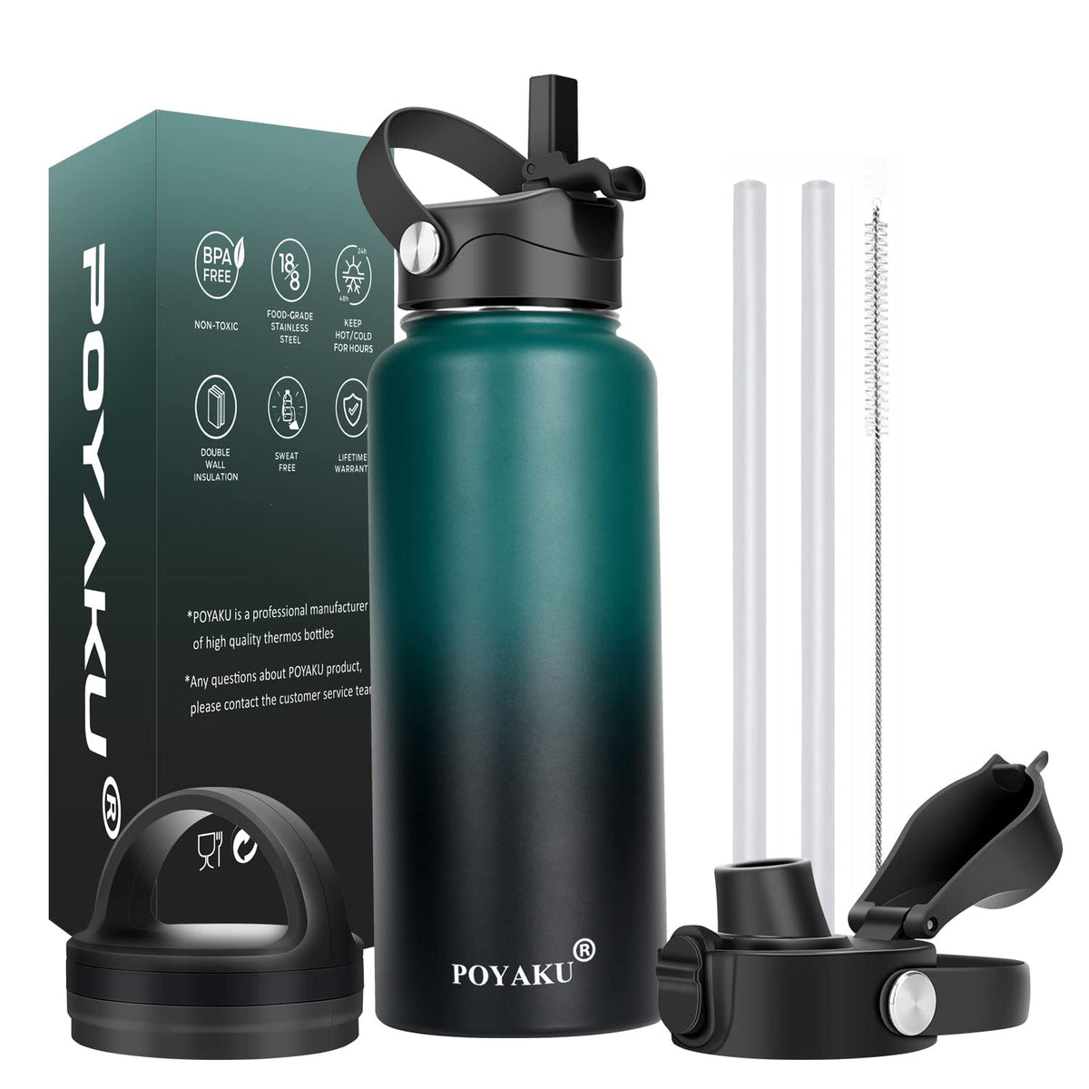 Water Bottle Insulated 32oz 40oz 64oz 128oz Straw Lid Spout Lid & 3 Lids, Leak Proof, Vacuum Insulated,Stainless Steel Water Bottle Wide Mouth for Sports, Gym or Office (Indigo Crush, 32 oz)