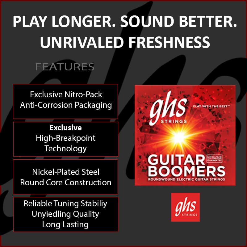 GHS Strings, GBXL Boomers, Nickel Plated Steel Electric Guitar Strings, Legendary Strength, Consistent Intonation, Long Lasting Brightness, Tone & Sustain. For 6-String Guitar, 9-42 XLT Gauge, 6 Pack