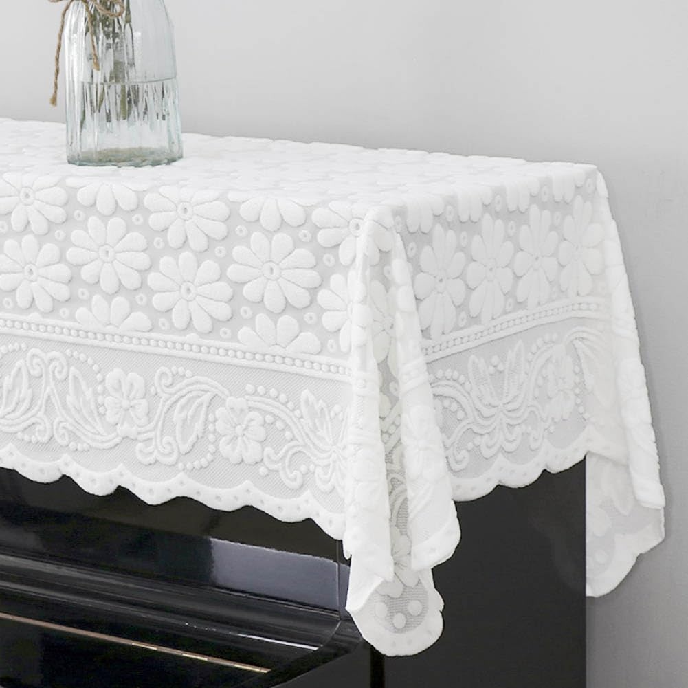 Piano Cover Elegant Lace Embroidery Daisy Decorative Dust-proof Cover for Standard Upright Pianos 78.74 x 35.43 Inch Piano Top Cover