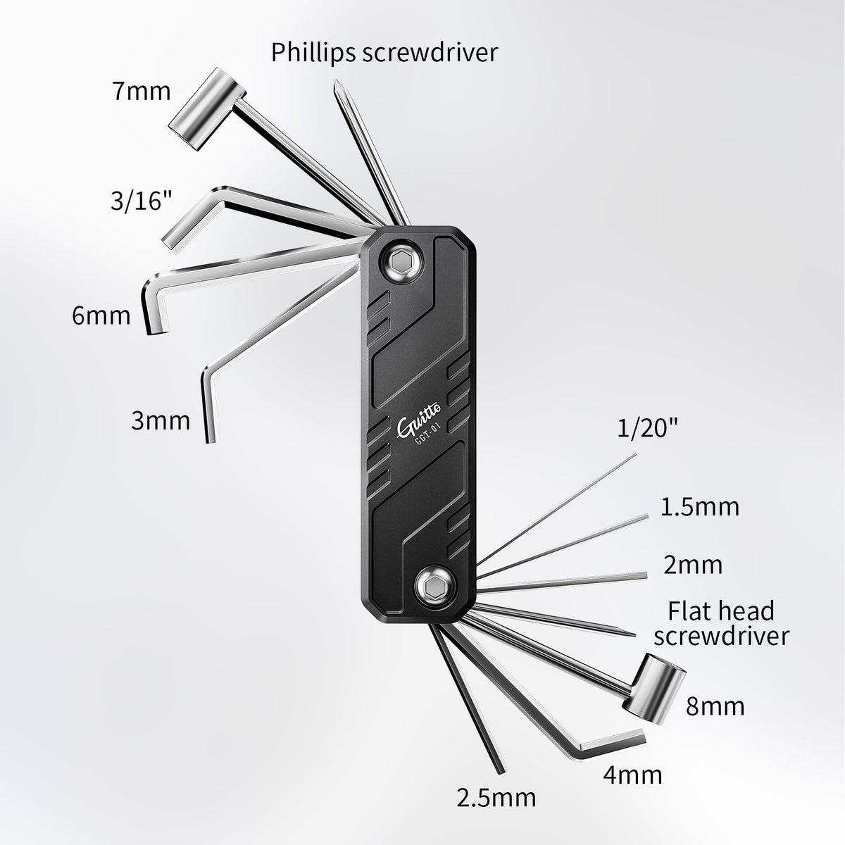 GUITTO Guitar Multi Tool and Bass Pocket Adjustment Kit, 12 in 1 Aluminum Alloy Setup Wrench with Storage Bag, Compact Tool for Floating Bridges and 7mm 8mm Truss Rod Repairs GGT-01