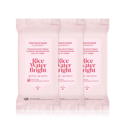 THE FACE SHOP X GLAMZILLA Rice Water Bright Cleansing Wipes On-the-Go Bundle for Face, Moisturizing, Infused with Rice Extract, Cleansing Facial Wipes, 25 Count (Pack of 3)