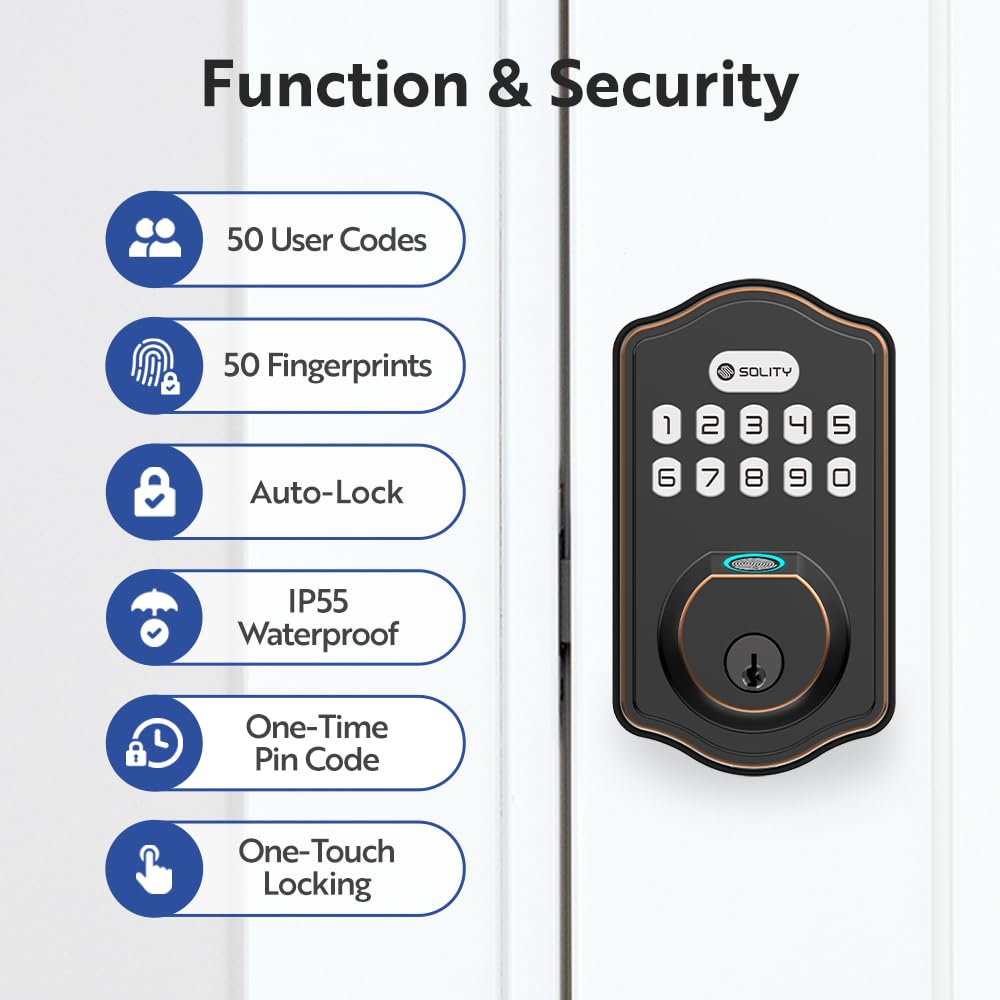 Solity Smart Digital Electronic Deadbolt Door Lock, Keyless Entry, Auto Lock, 50 Custom Codes & Fingerprints, Easy Installation, Keypad for Front & Back Door, AT10 (Oil Rubbed Bronze)