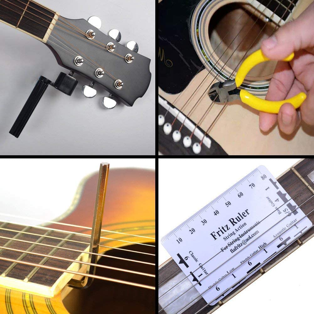 TUOREN 61Pieces Complete Guitar Repairing Tool Kit with Ruler Gauge Measuring Tool Hex Wrench Files Fingerboard Guard Grinding Stone Guitar Gift for Acoustic Electric Guitar & Bass Banjo
