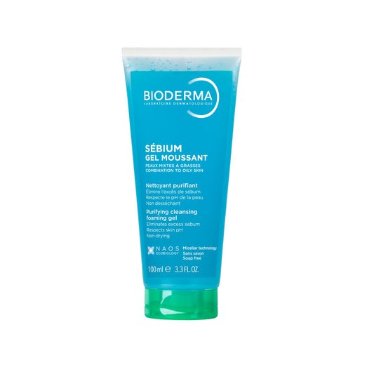 Bioderma Sébium Foaming Gel Gentle Face Cleanser Tube, Makeup Removing Cleanser, Skin Purifying Face Wash for Combination to Oily Skin, Travel Size 3.3 Fl Oz