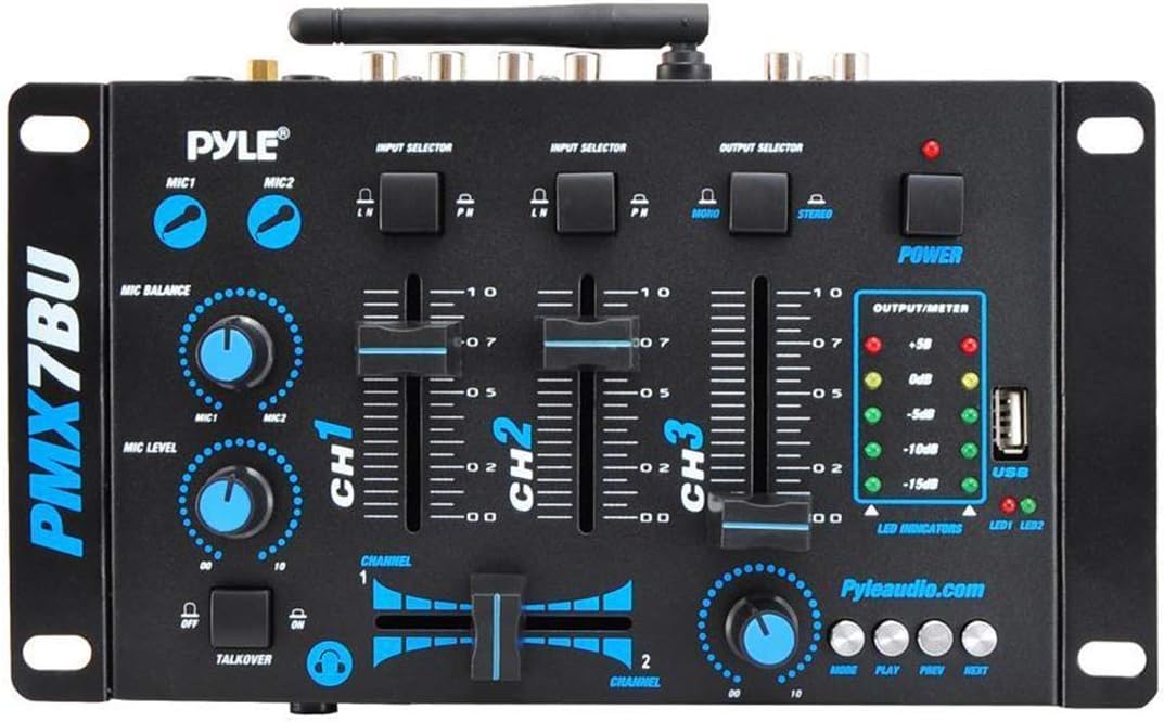 Pyle Wireless DJ Audio Mixer - 3 Channel Bluetooth Compatible DJ Controller Sound Mixer, Mic-Talkover, USB Reader, Dual RCA Phono/Line In, Microphone Input, Headphone Jack, Black - PMX7BU.5