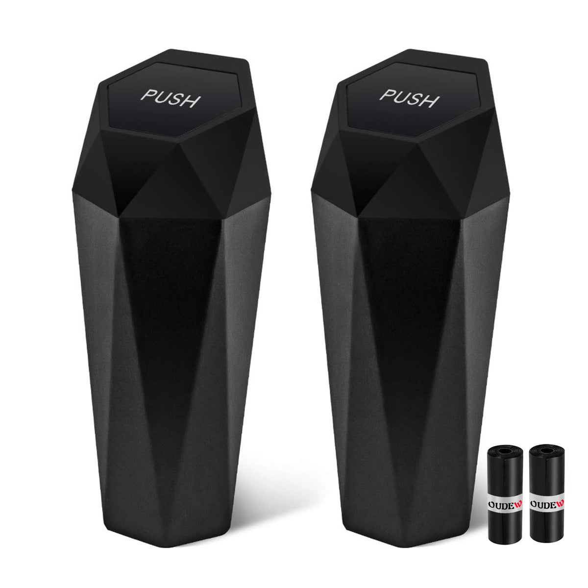 OUDEW Car Trash Can with Lid, Leakproof, 30 Trash Bags, Black, 2 Pack