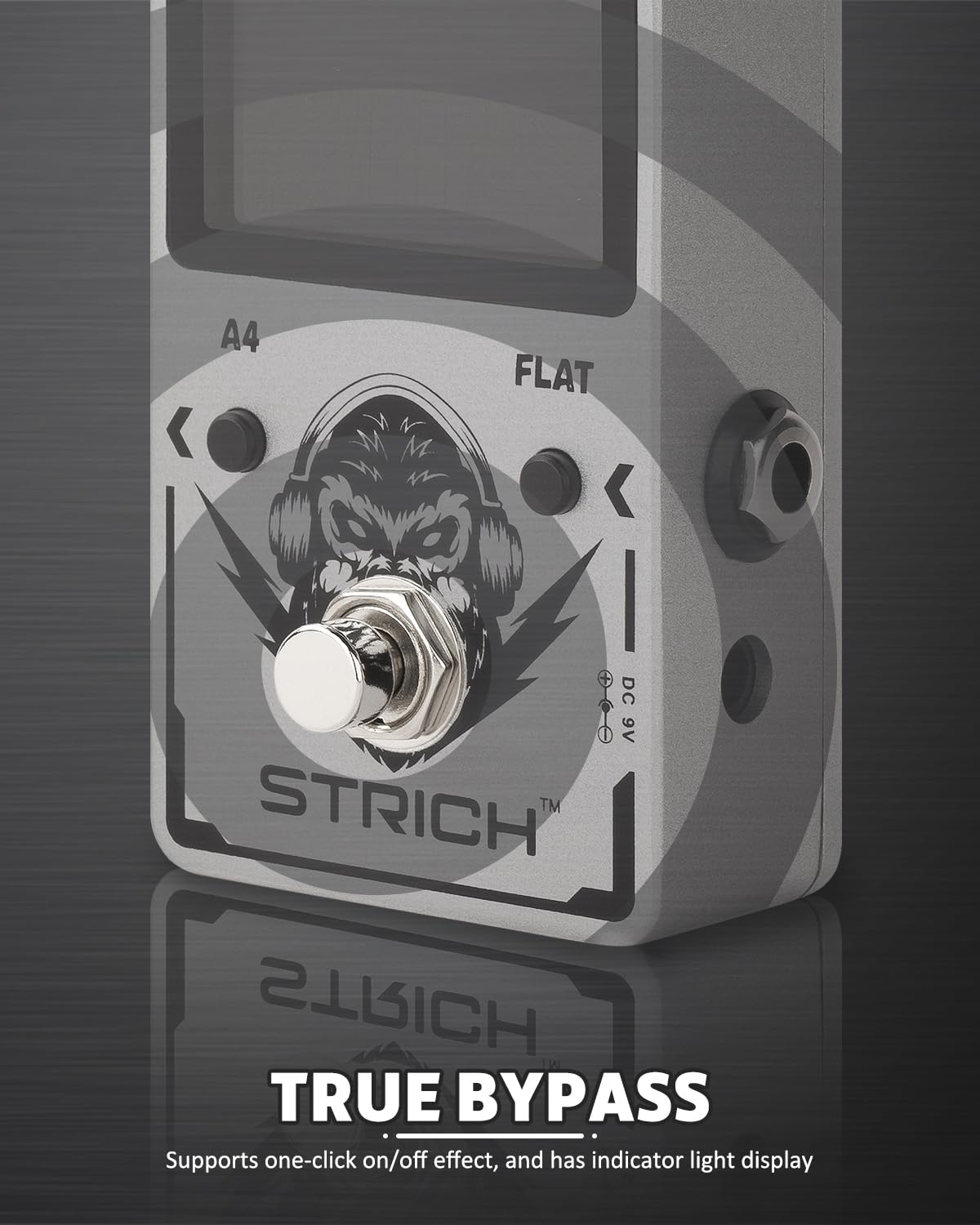 STRICH Tuner Pedal with a Power Supply, Compact with Large Color Screen - Precision Chromatic Drop Tuning, 430-450Hz A4, True Bypass for Electric Guitar & Bass, Silver