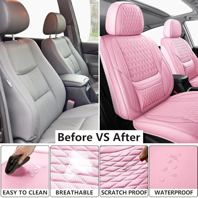 Car Seat Covers Full Set Custom Fit for Chevrolet/Chevy Equinox 2005-2026 - Premium Faux Leather with Lumbar Support | Breathable, Waterproof, Anti-Slip, Durable (Pink,Full Set)