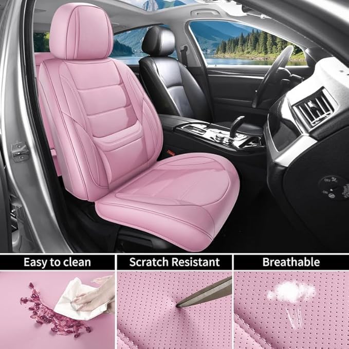 Car Seat Covers Full Set Fit for Buick Century 1997-2005, Premium Faux Leather Waterproof Car Seat Protectors with Lumbar Support, Breathable Anti-Slip Easy to Install(Pink,Full Set)
