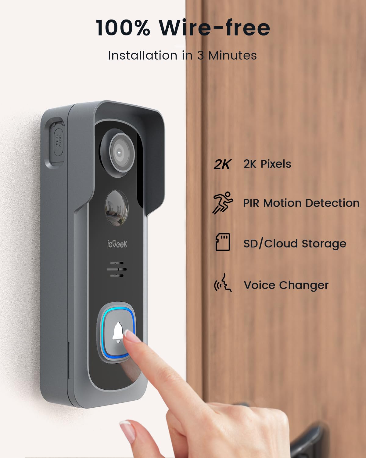 ieGeek Doorbell Camera Wireless No Subscription, 2K HD Ultra-Wide View, PIR Motion Detection 2-Way Talk, Wireless Video Doorbell with Chime, Support Local & Cloud Storage, Only 2.4GHz WiFi, Grey