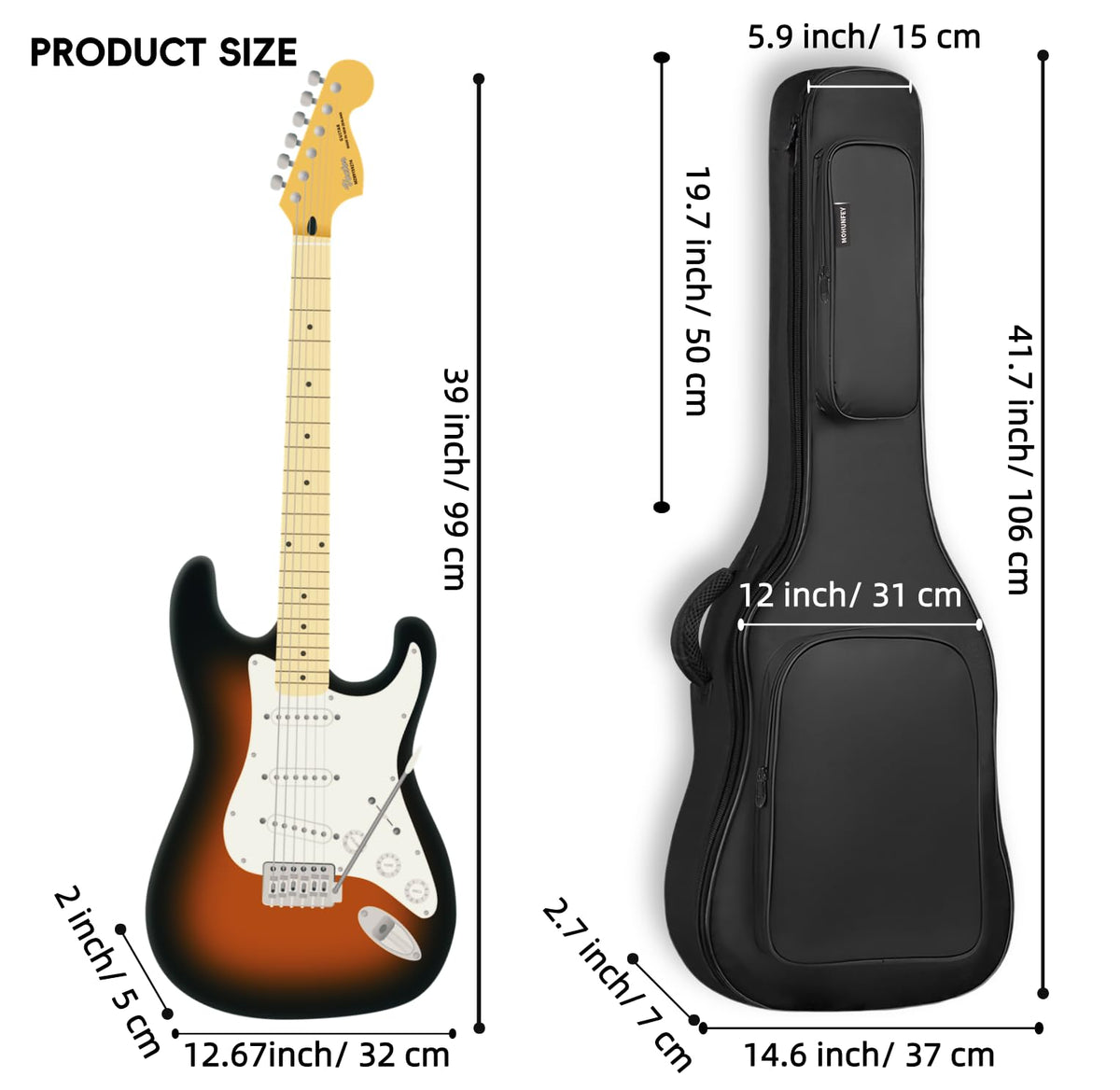 MOHUNFEY 39 inch Electric Guitar Bag Gig Bag 0.57 inch Padding Sponge 600D Ripstop Waterproof Backpack Padded Dustproof Soft Soft Guitar Case Black