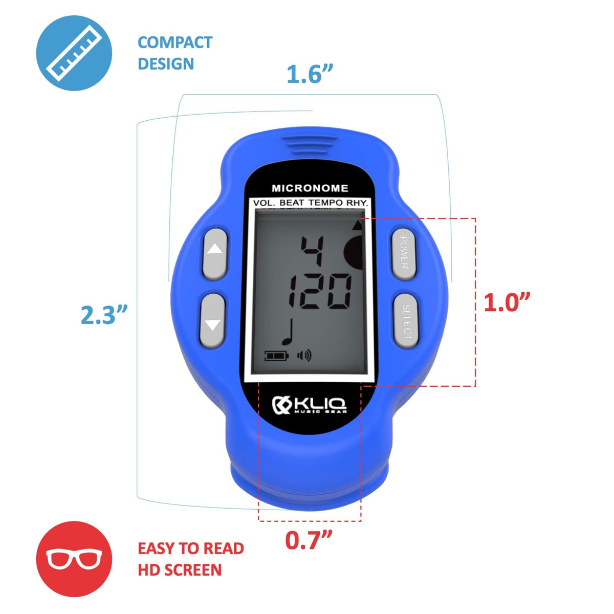 KLIQ MicroNome - Mini Rechargeable Digital Metronome - with Speaker (Digital Volume, Beat and Tempo Adjustment) Designed for use with Piano, Guitar, Saxophone, Flute, Violin, Drum (Blue)