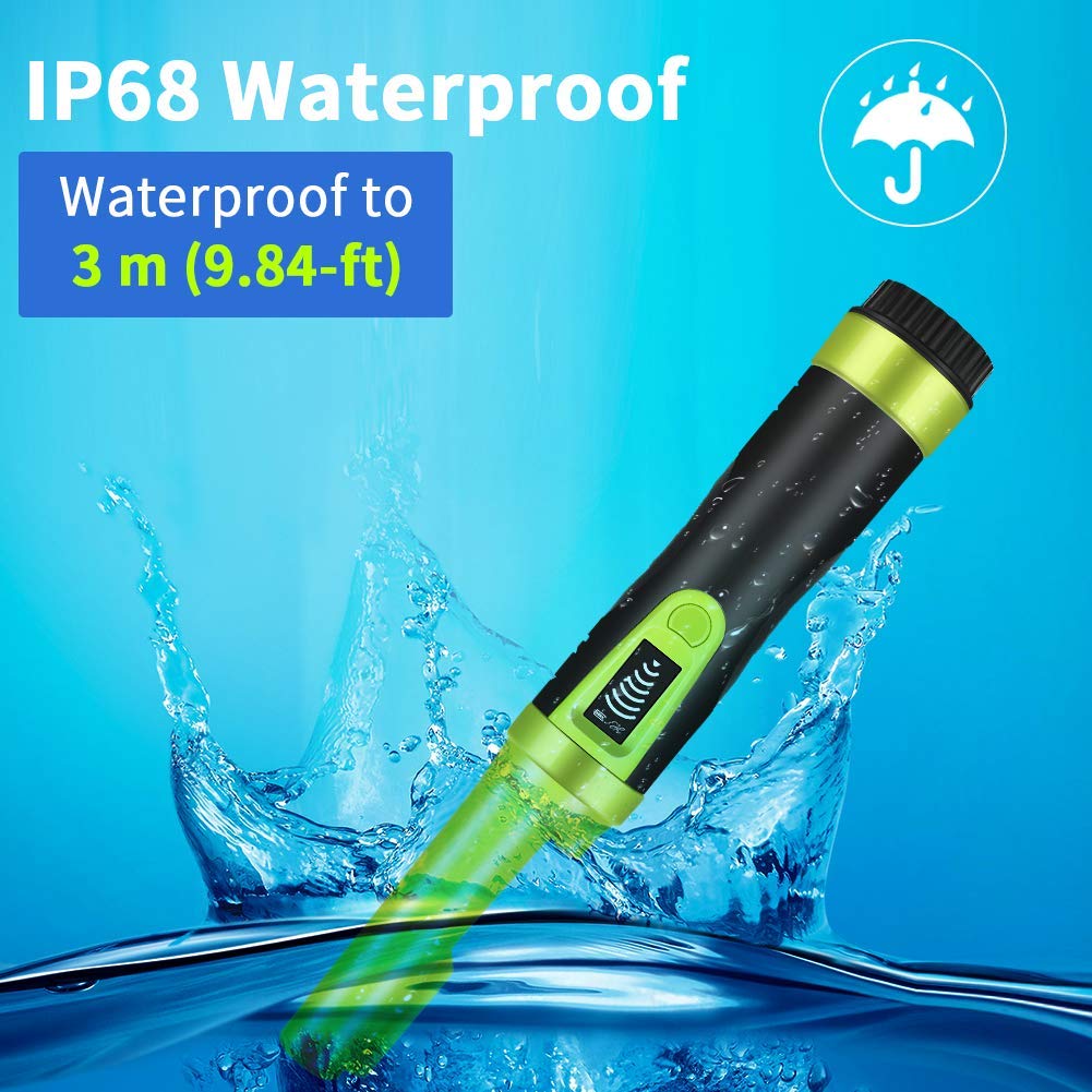 Fully Waterproof LCD Display Pinpointing Gold Metal Detector with LED Flashlight,360 Degree Searching Pinpointer,IP68 Underwater to 3m/9.8feet Treasure Hunter for Adults and Kids, Three Modes,Green
