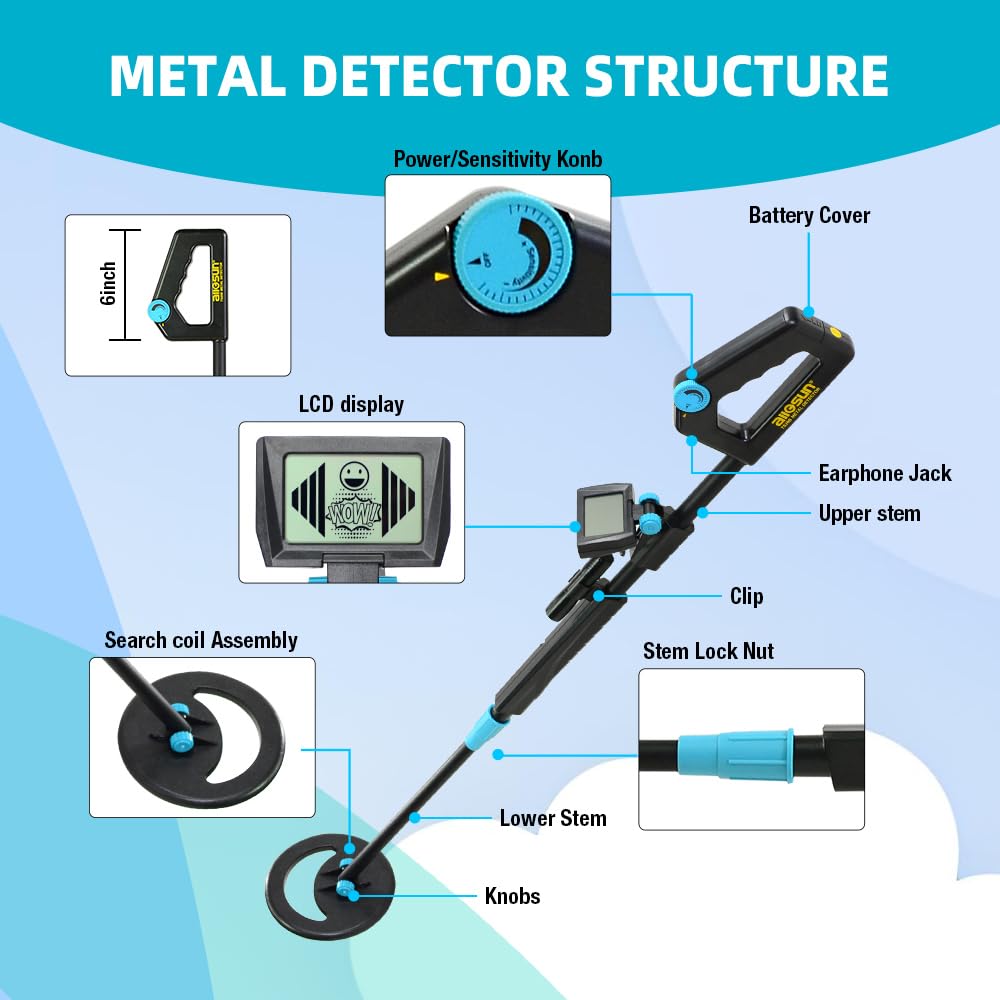 allsun Metal Detector for Adults &Beginner,High Sensitivity Gold Detector LCD Display, 6" Rainproof Search Coil, Adjustable Height,Lightweight for Beach, Park, Coin & Relic Hunting
