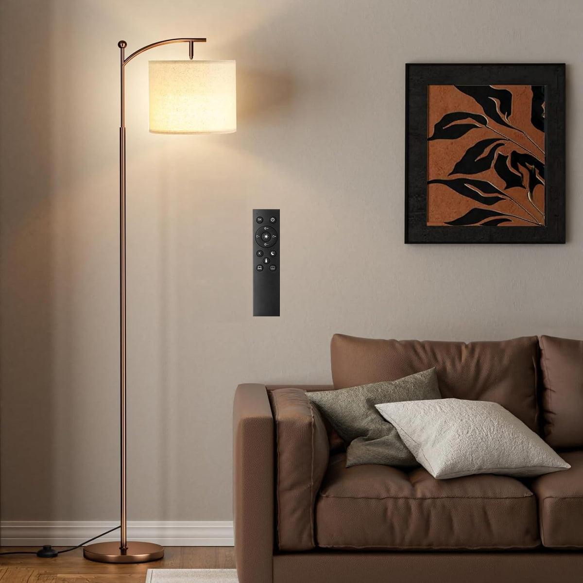 Ambimall 60" Floor Lamp with Remote and Stepless Dimmable Bulb, Brown Pole