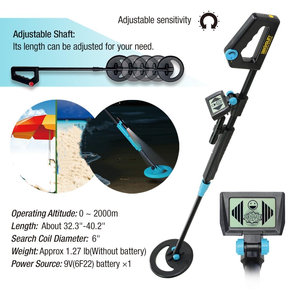 allsun Metal Detector for Adults &Beginner,High Sensitivity Gold Detector LCD Display, 6" Rainproof Search Coil, Adjustable Height,Lightweight for Beach, Park, Coin & Relic Hunting