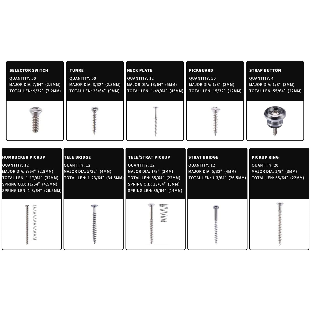 Cheerock 254-Piece Guitar Screw Kit 9 Types for Bridge Pickup and Pickguard