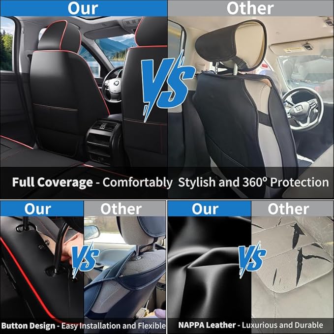 Car Seat Covers Full Set Custom Fit for Saturn ION 2003-2010-Luxury Leather with Lumbar Support, Breathable, Waterproof, Anti-Slip, Durable, Easy to Install (Black&Red,Full Set)