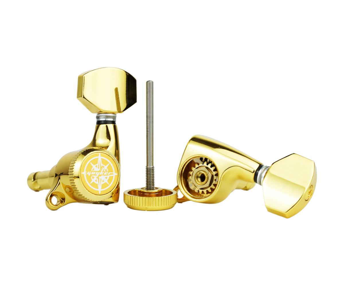 Guyker 6Pcs Guitar Locking Tuners (3L + 3R Handed) - 1:18 Ratio Lock String Tuning Key Pegs Machine Heads with Hexagonal Handle Replacement for LP SG Style Electric, Folk or Acoustic Guitars- Gold