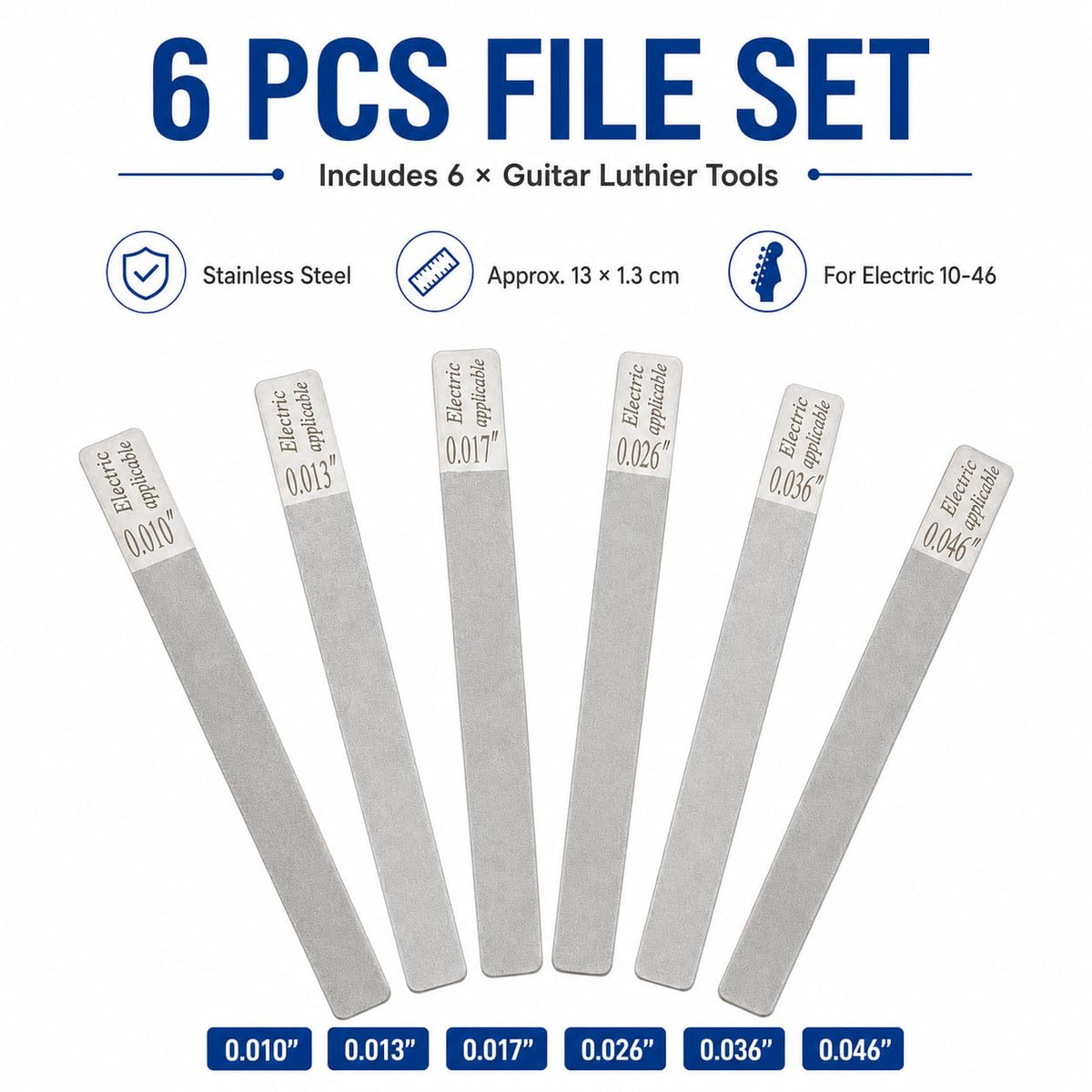 6Pcs Guitar Nut Files Fret Crowning Slot Filing Tool Kit for Acoustic Guitar Electric Guitar Bass Ukulele, Stainless Steel Luthier Repair Tool Set (for electric 10-46)