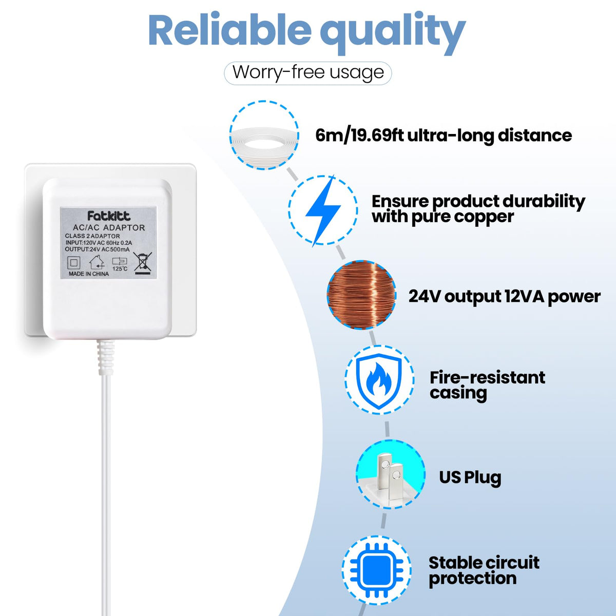 24V AC Doorbell Transformer - 6M (20ft) Long Cable C Wire Power Adapter