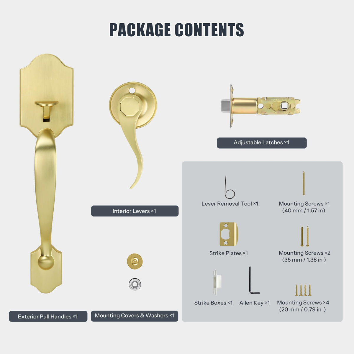 Gaurqiah Gold Front Door Handle Set with Passage Lever, Deadbolt Not Included,Exterior Door Handleset for Single Cylinder or Smart Deadbolts, Satin Brass