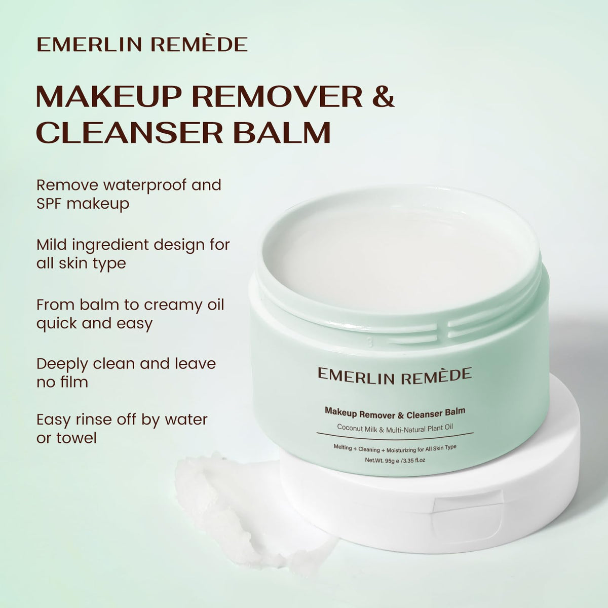 Emerlin Remède Makeup Remover & Cleanser Balm with Coconut Milk & Multi Natrual Plant Oil for Melting, Cleaning And Moisturizing For All Skin Type