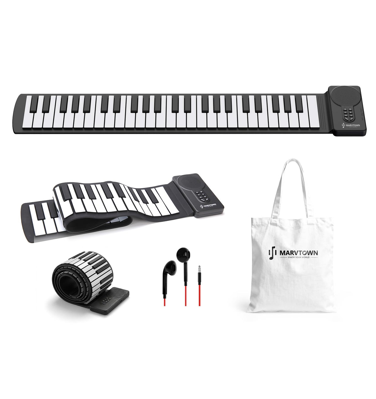 MARVTOWN 49Key Roll Up Digital Piano Keyboard,Portable Foldable Electronic Piano with speaker,earphones,8 Tones,6 Demo Songs,Rechargeable Flexible musical keyboard for Beginners&Kids(Black&White)