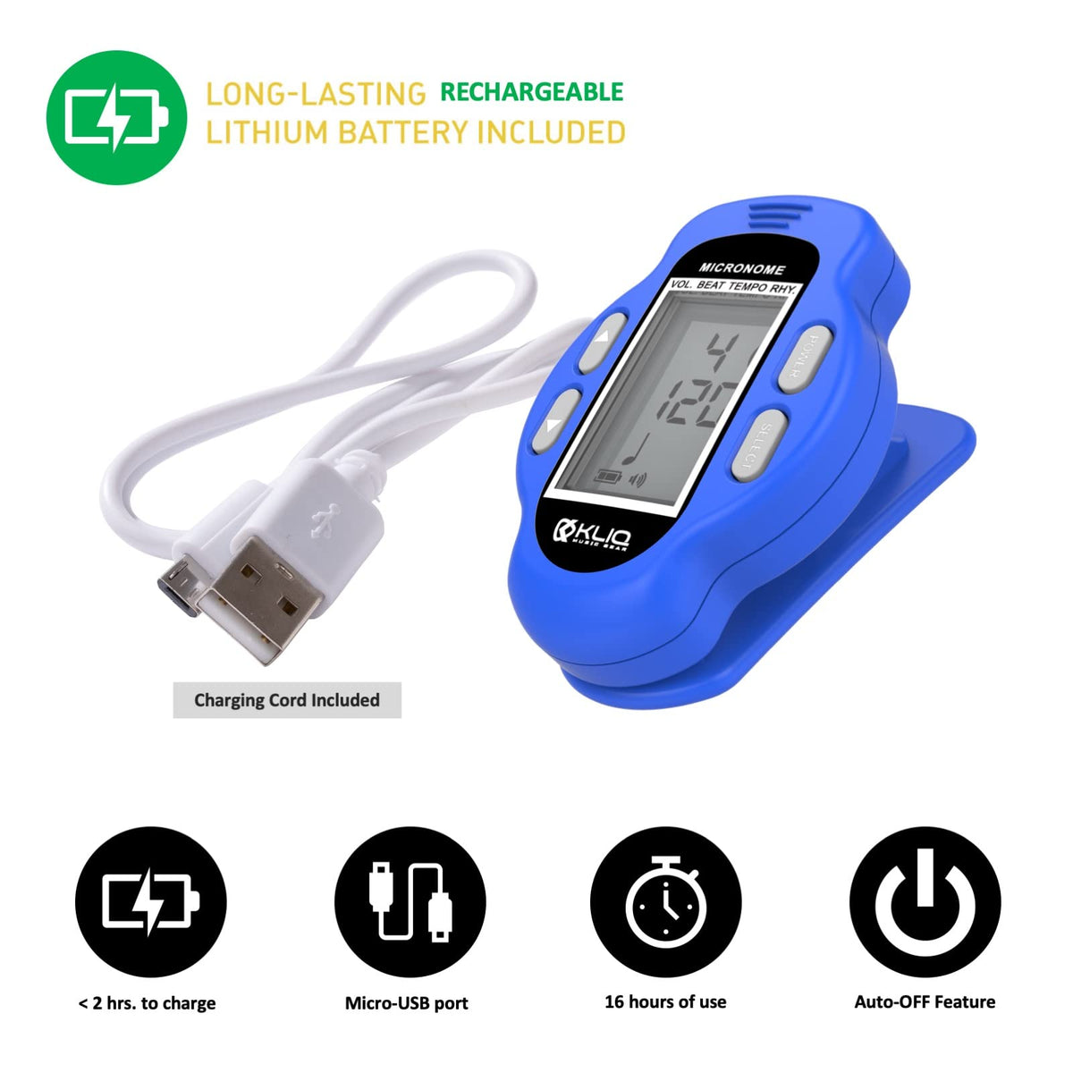 KLIQ MicroNome - Mini Rechargeable Digital Metronome - with Speaker (Digital Volume, Beat and Tempo Adjustment) Designed for use with Piano, Guitar, Saxophone, Flute, Violin, Drum (Blue)