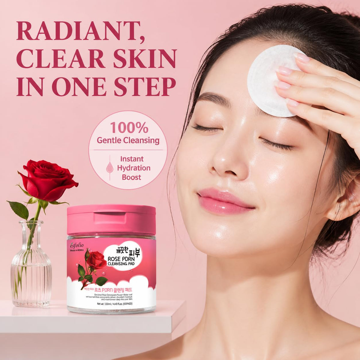 Esfolio made in Korea PDRN Rose Cleansing Pad Gentle Daily Facial Pads with Rice Extract for Skin Clarity and Softness Easy One-Step Cleanser for Radiant Complexion Korean Skincare 60 Count