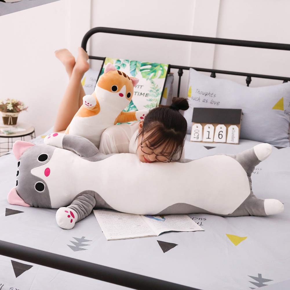 Jensquaify Long Cat Plush Pillow, Soft Cat Stuffed Animals Body Pillow Kitten Plush Hugging Pillow Toy Gifts for Kids (Gray, 35.4 inch)