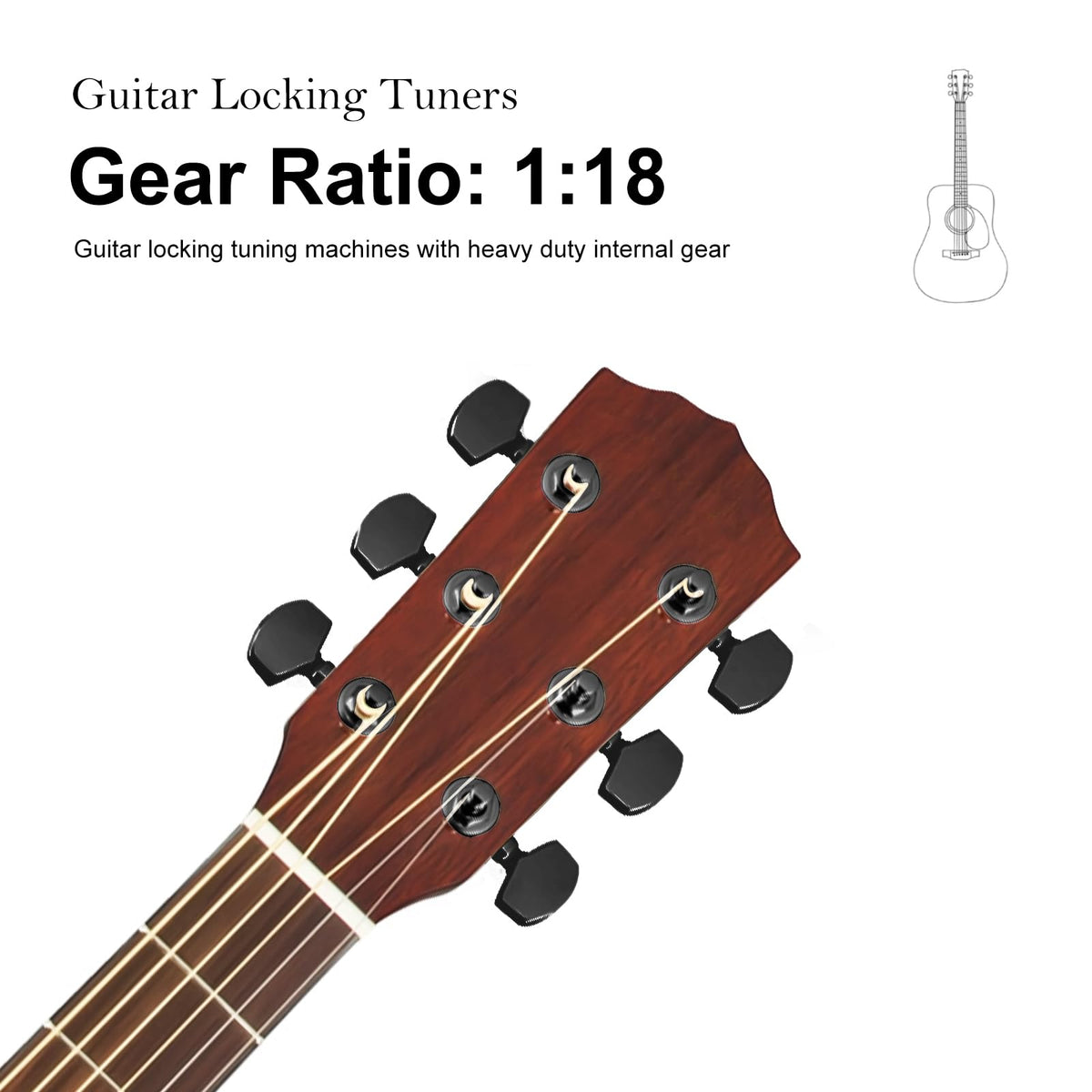 SAPHUE Guitar Locking Tuners 1:18 Lock String Tuning Key Pegs Machine Head with Hexagonal Handle Replacement for Electric Folk or Acoustic Guitars (Black)