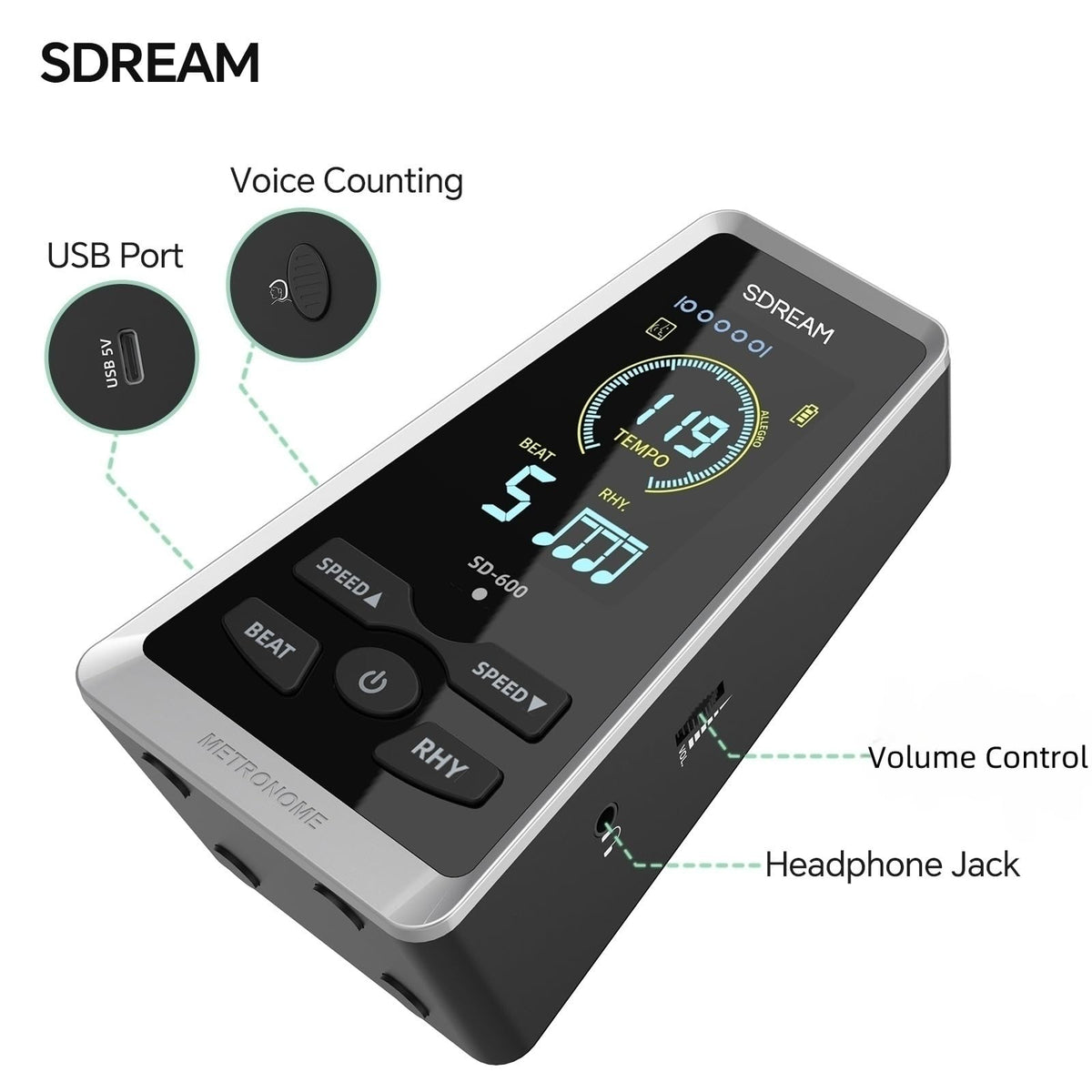 SDREAM Digital Metronome for Piano,Guitar,Violin,Rechargeable LCD Electronic Metronome with Human Voice,Professional Metronome for Beginners & Musicians,Instrument Volume & Beat Speed Adjustable