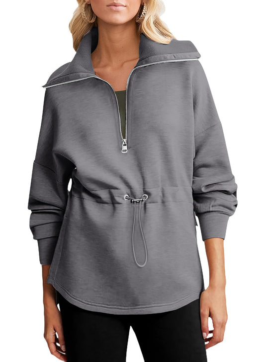 Dokotoo Women's Fashion Hoodies & Sweatshirts Winter Clothing for Women Oversized Half Zip Casual Sweatshirt Drawstring Waist Long Sleeve Thanksgiving Relaxed Fit Tops Fall Outfits 2025 Grey Large