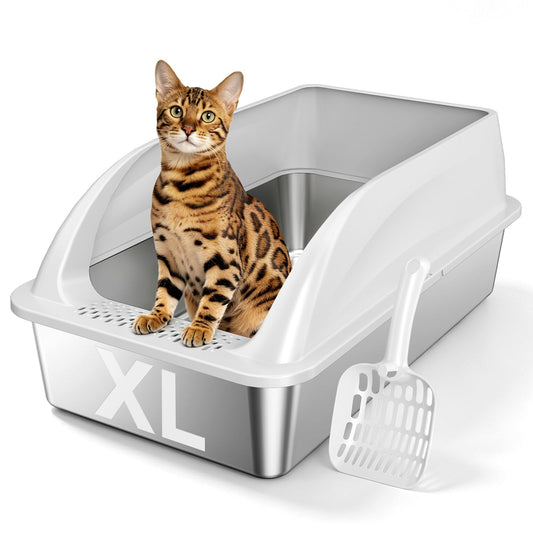 Tevila XL Open Top Stainless Steel Litter Box with High Sides,Light Gray