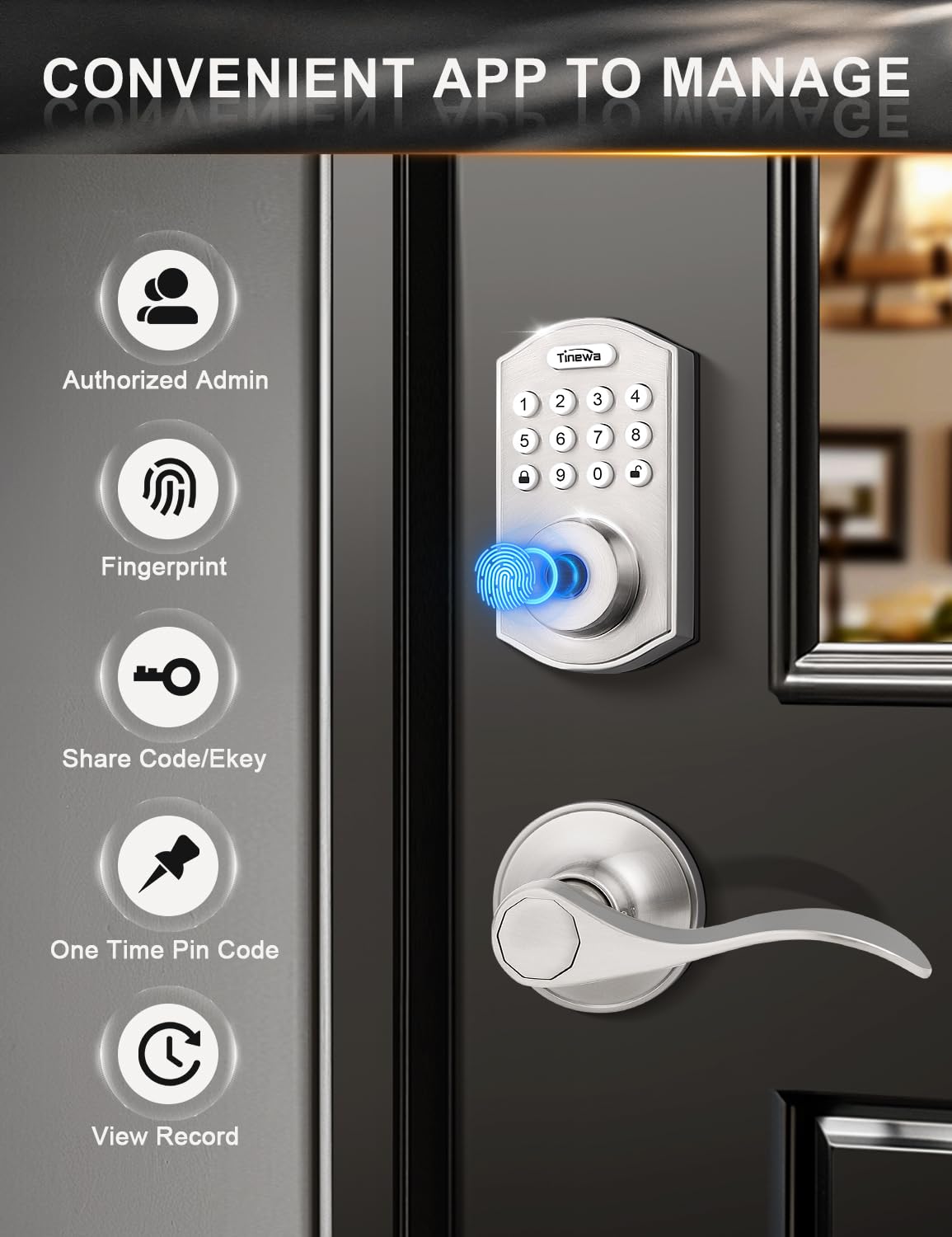 Tinewa Smart Locks for Front Door - Satin Nickel Keyless Entry Door Lock with Wave Lever Handle, Electronic Digital Keypad Deadbolt with Fingerprint, APP Control, Easy Installation, Home Security