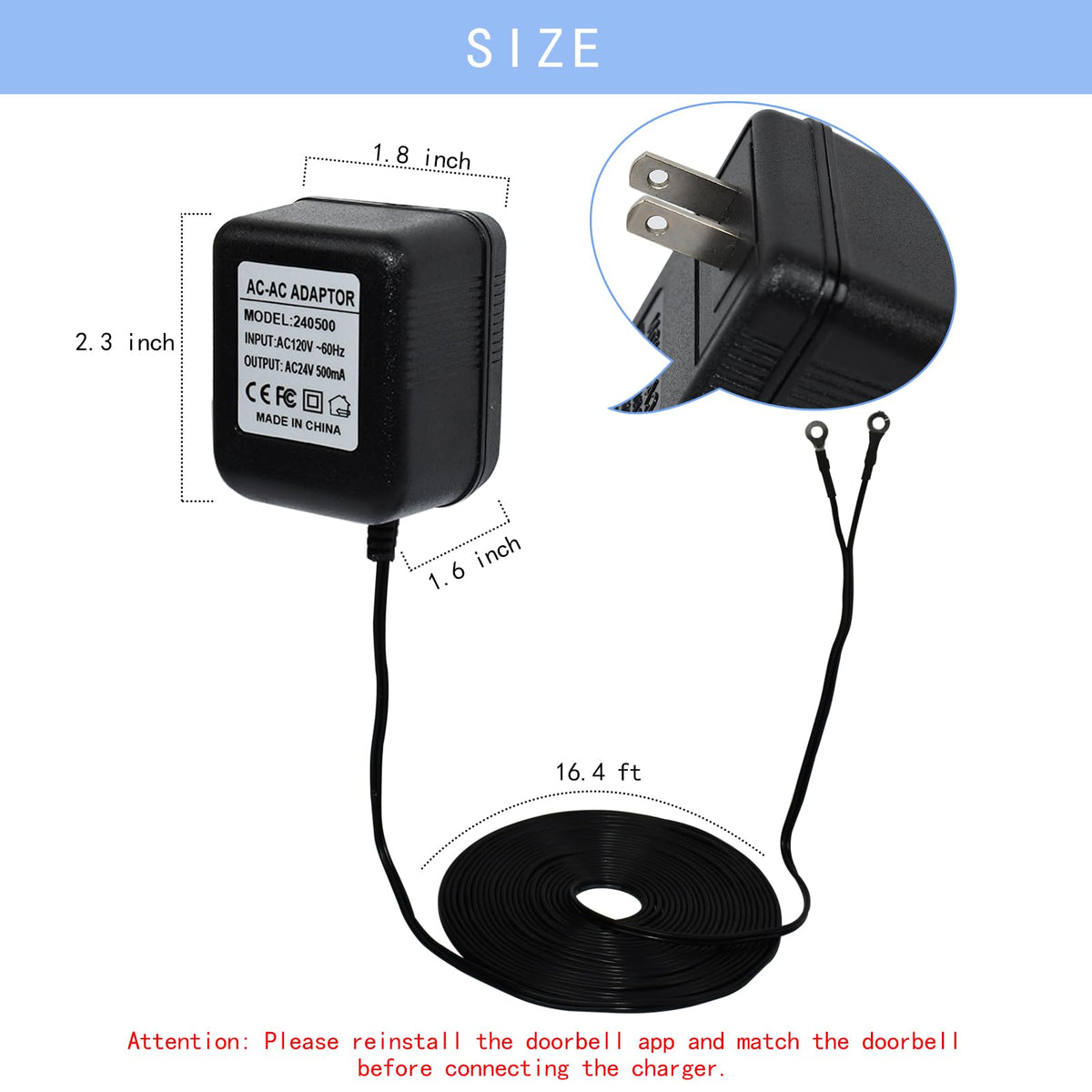 VVHOOY 24V Transformer Doorbell Power Adapter Compatible with Google Nest,Wyze,Eufy Video Doorbells, C Wire Adapter 16.4ft/5m Extension Cable Doorbell Power Adapter Doorbell Supply Cord