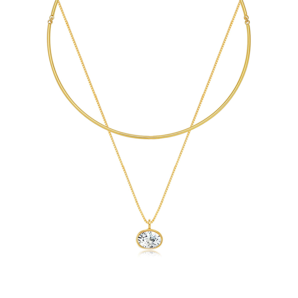 Oval CZ Gold Collar Charm Necklace for Women Layered Bangle Choker Necklace
