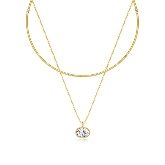 Oval CZ Gold Collar Charm Necklace for Women Layered Bangle Choker Necklace