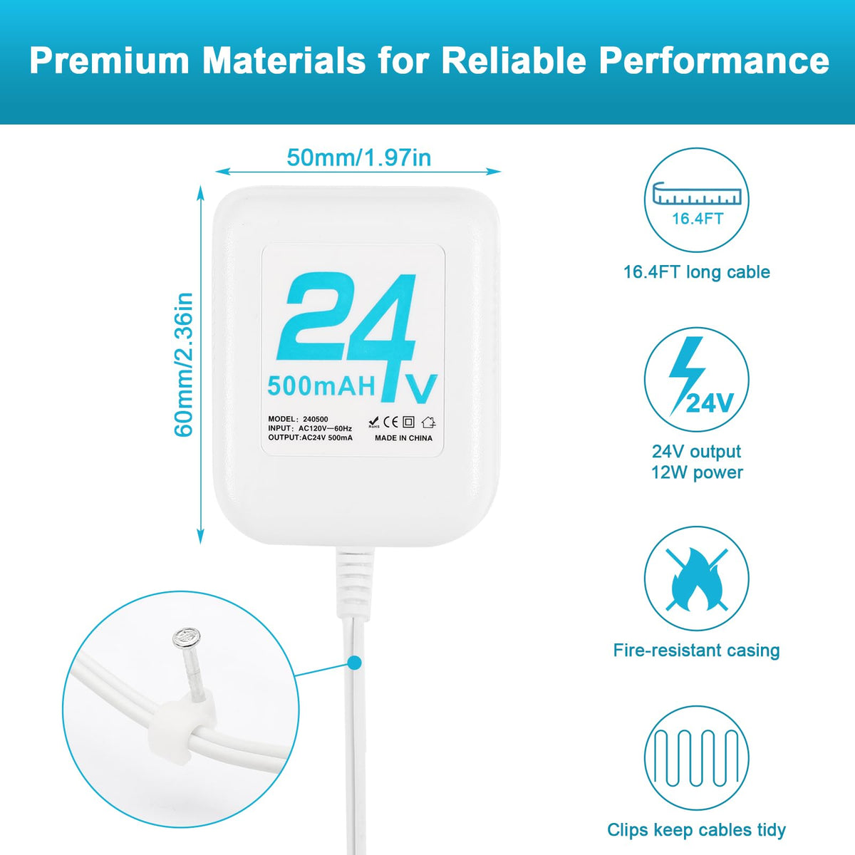 24V Doorbell Transformer, AC Adapter for All Ring Video Doorbell Versions, 16.4ft Doorbell Power Supply, Power Cable Compatible with Ring, Nest, Wyze, and Eufy Doorbells (White)