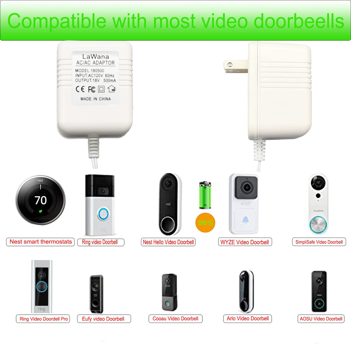 26FT Charging Cable18V500mA Doorbell Power Adapter for Video Doorbells, Ring Video Doorbell Pro and Ring Video Doorbell 2, Transformer Compatible with Zmodo Smart Doorbell and Nest Hello Doorbell