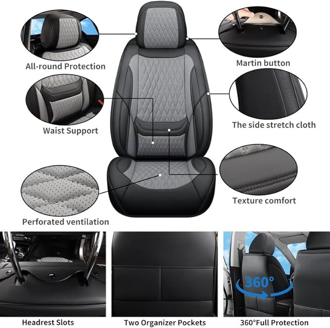Car Seat Covers Full Set Custom Fit for Ford Focus 2000-2018 - Premium Faux Leather with Lumbar Support | Breathable, Waterproof, Anti-Slip, Durable (Black&Gray,Full Set)