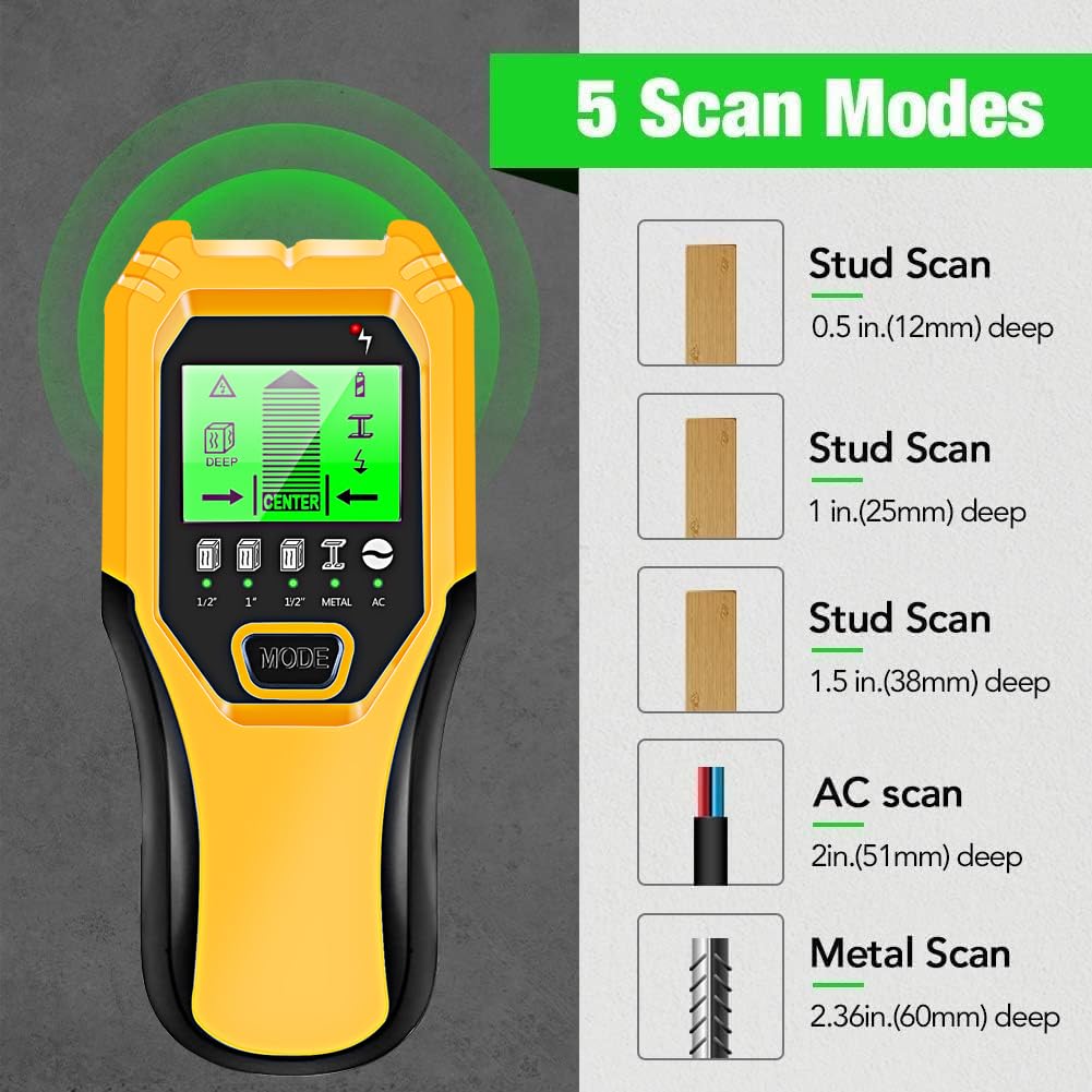 Stud Finder Wall Scanner 5 in 1 Multifunctional Upgraded Smart Wall Scanner, Stud Sensor Beam Detector with Battery for Wood Metal and AC Wire Detection, Comes with HD LCD Display and Audio Alarm