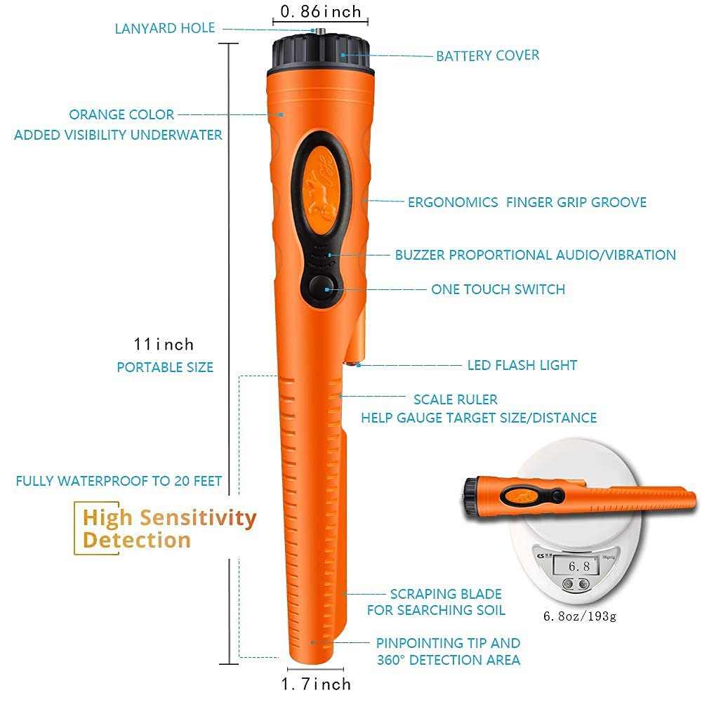 Fully Waterproof Pinpoint Metal Detector Pinpointer - 360° Search Pinpointing Finder Probe Treasure Hunting Tool Accessories for Adults and Kids (Three Mode) Hs08 Orange